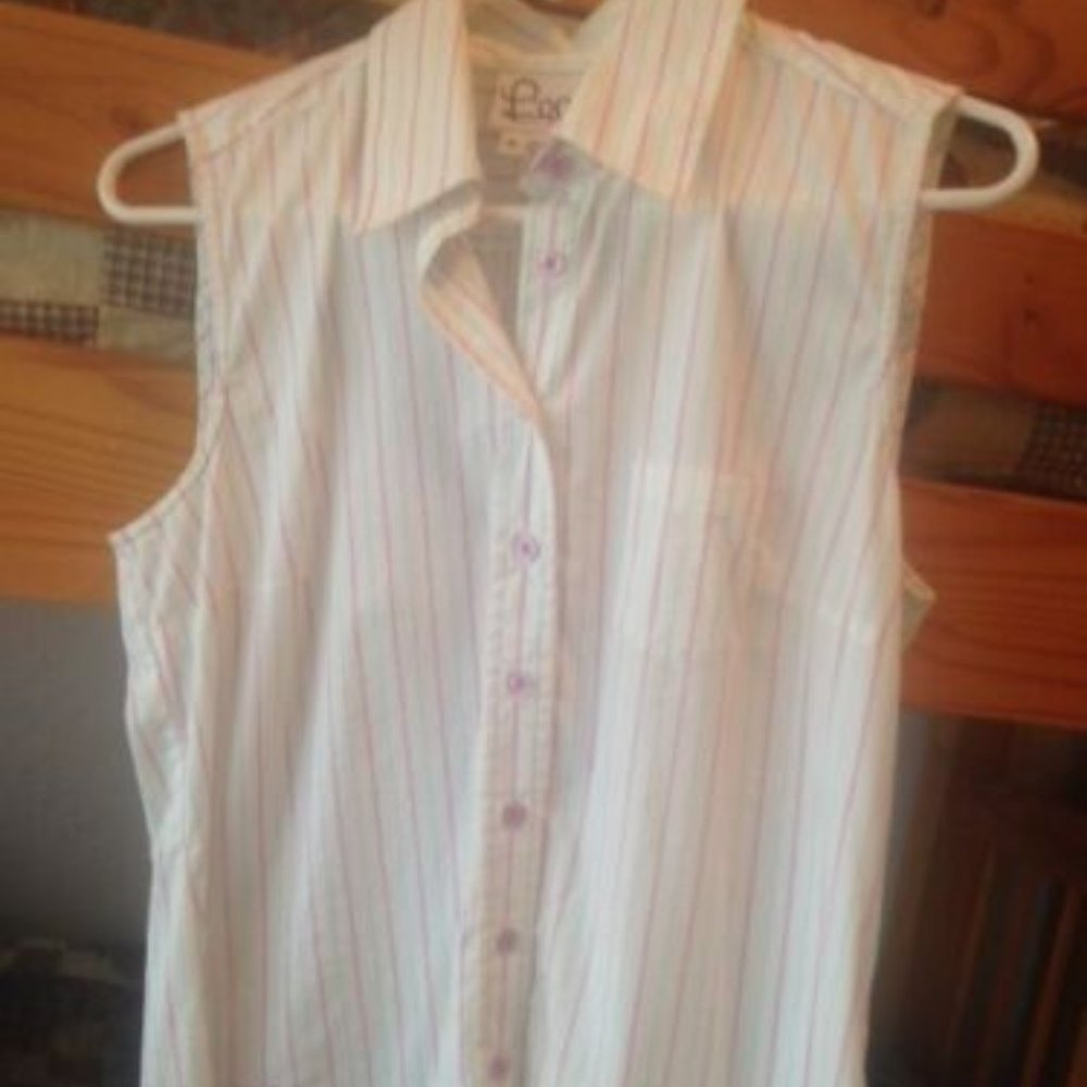 LILLY PULITZER * slvls WHITE button shirt PURPLE PALM TREE turquoise stripe * 8